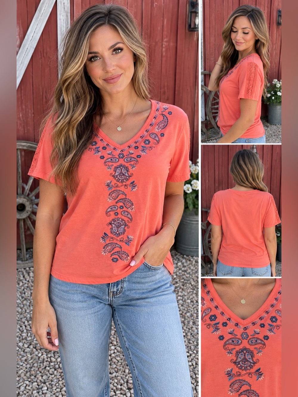 Blair Coral Embroidered Paisley V-Neck Short Sleeve Top Size Small